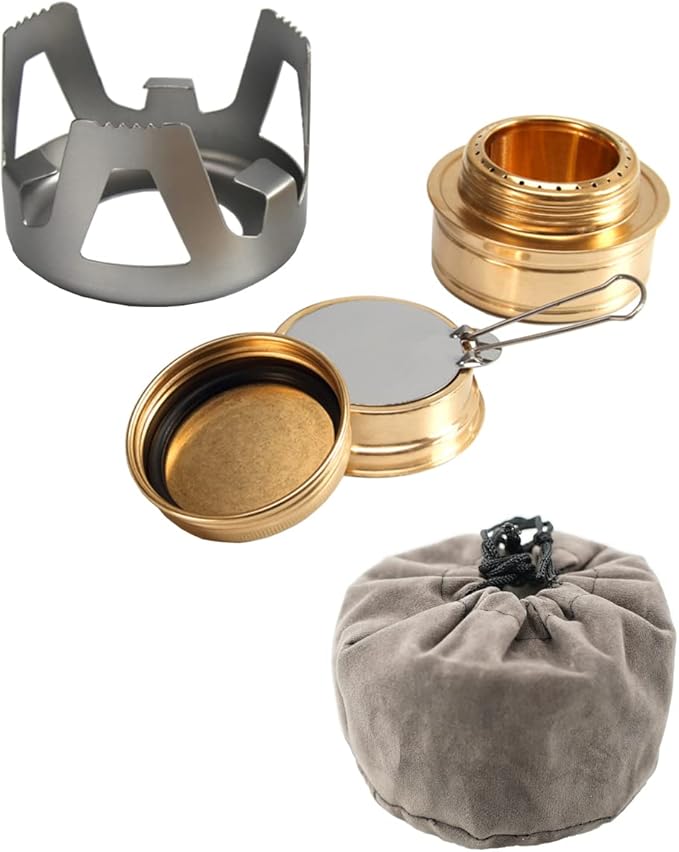 Mini Alcohol Backpacking Stove, Lightweight Brass Spirit Burner with Aluminium Stand for Camping Hiking and Picnic