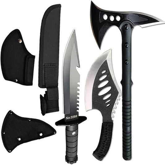 DOOM BLADE Camping Hatchet Axe with Nylon Sheath,Tomahawk Viking Forged High Carbon Steel,Portable Camping Axe for Outdoor Splitting Wood,Hunting (Double-Bit Axe + Hatchet + Fixed Blade Knife)