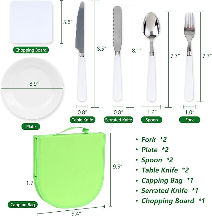 Camping Silverware Set with Case Utensil Camping Picnic Cutlery Kit Camping Mess Kit- 11 Pcs Mess Kit for 2 White Plate Spoon and Serrated Knife Fork