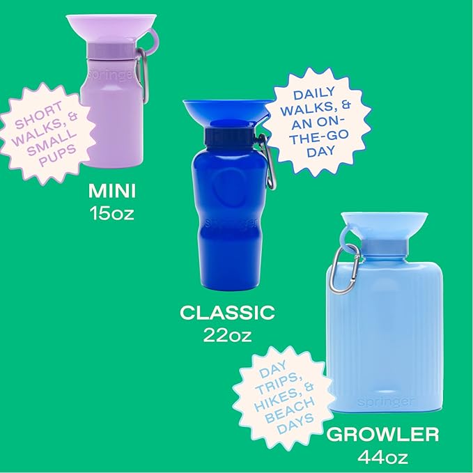 Springer Dog Water Bottle | Portable Travel Water Bottle Dispenser for Dogs | Dog Gift Seen on Oprah's Favorite Things, Shark Tank | Leak-Proof Bottles Fill Bowl with Water | BPA-Free 22oz Indigo