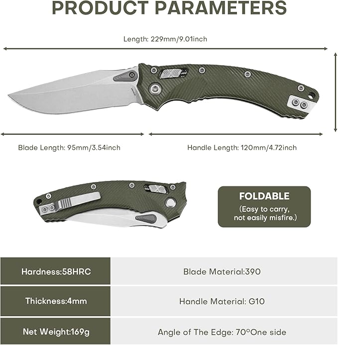 Folding Pocket Knife for Men, M390 3.7" Blade with G10 Handle and Crossbar Lock, EDC Knife for Camping, Hiking, and Outdoor Everyday Carry (Green)