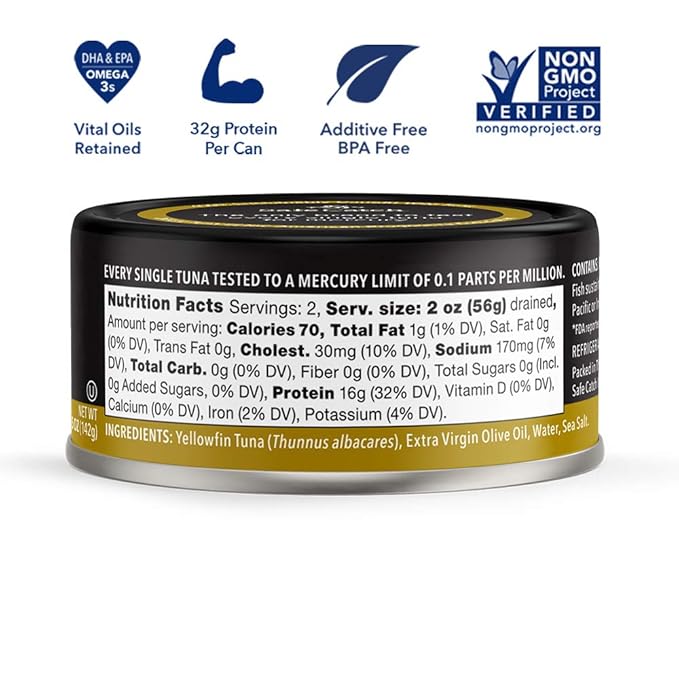 Safe Catch Wild Ahi Yellowfin Tuna Fish Canned, Wild Caught, Lowest Mercury, Lean Protein, Omega 3, Gluten-Free, Kosher, in Extra Virgin Olive Oil, Pack of 6