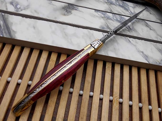 Damascus Depot Laguiole style Folding knife with real Damascus steel blade, 8.5" Long with 4" hand forged twist patren Blade. wood, Camel Bone and Bull horn scale with brass bolster. Cow hide leather sheath included