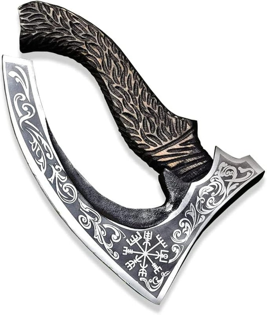 Viking Pizza Cutter Hand Forged Hatchet Mini Axe | Carbon Steel Slicer Chef Axe with Leather Sheath | Premium Pizza Oven Accessories for Camping, Hunting & Gifts for Men (Vk Pizza Axe)