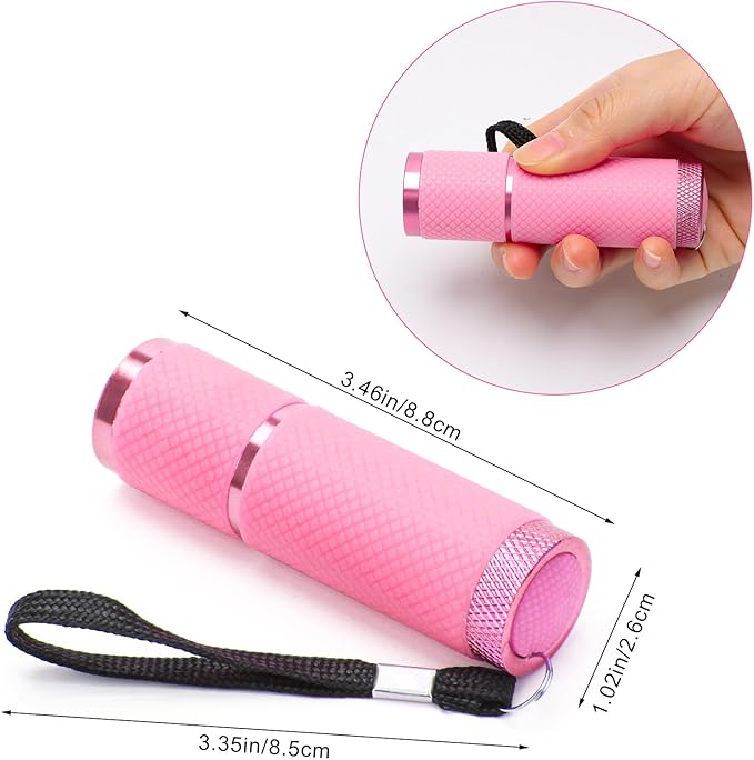 AHIER 9 LED Glow in Dark Flashlights, Rubber Coated Small Flashlights with Straps, Portable Handy Lights for Camping, Hiking, Indoor, Assorted Colors (Pink)
