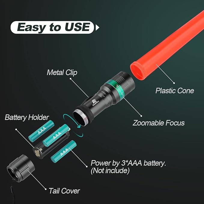 RoadHero 2 Pack Traffic Wand, 16 Inch Flashlight Led Traffic Control Baton, Small Orange Safety Wands, Air Marshaling Wand with 5 Flashing Modes, Night Signal Light for Airport, Parking Directing
