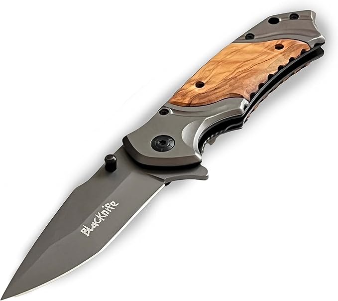 BlacKnife Pocket Knife For Men, Folding Pocket Knife with Wooden Handle and Clip – Stainless Steel and Ideal Knife for Camping, Hunting, DIY, (Plainknife)