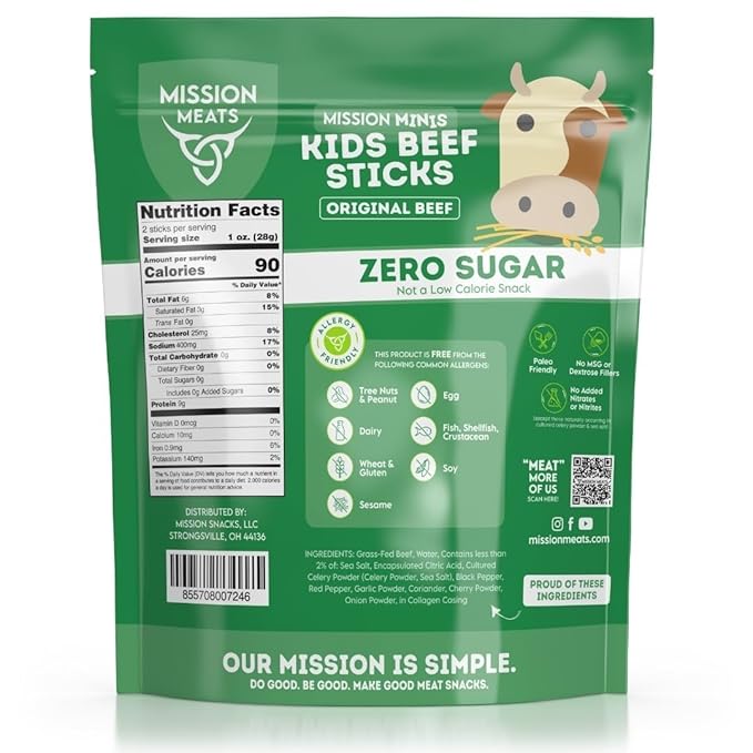 Mission Meats Kids Beef Sticks ??100% Grass Fed & Pasture Raised, Healthy Snacks for Kids, Sugar Free Protein, Gluten & Nut Free, Individually Wrapped, Mini 0.5oz 24ct Bag (Pack of 2)
