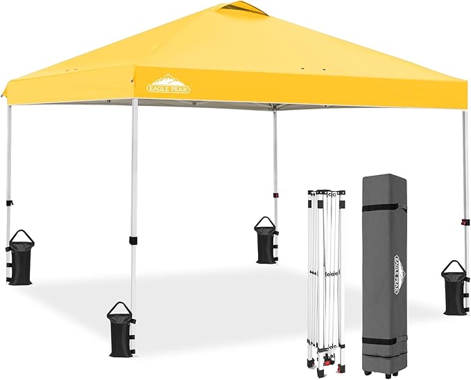 EAGLE PEAK Pop Up Canopy Tent with Wheeled Carry Bag, 8 Stakes, 4 Ropes, 4 Weight Bags, Easy Set Up Tent Canopy, 10x10 ft, 100sqft of Shade, Yellow
