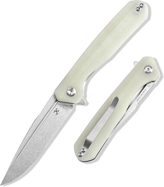 KANSEPT Qilin Pocket Knife, 3.24'' Stonewashed 154CM Sharp Blade, Jade G10 Handle for Edc, Flipper and Liner Lock with Double-Sided Clip, Men Camping Survival Folding Knives K1047A5