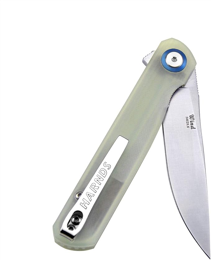 Wind Pocket Knife Flipper Sandvik Steel G10 Handle Folding Knife Ball Bearing with 2-Position Clip for Camping Survival and EDC (Transparent Cyan)