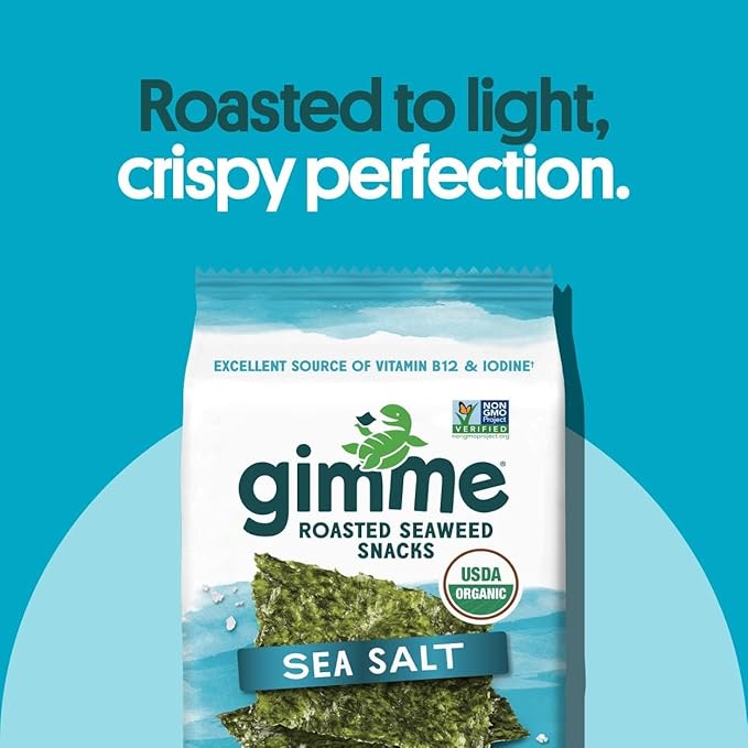 gimMe Organic Roasted Seaweed Sheets, Sea Salt, Keto, Vegan, Gluten Free, Great Source of Iodine and Omega 3?™s, Healthy On-The-Go Snack for Kids & Adults, #1 Sea Salt, 0.17 Ounce (Pack of 40)