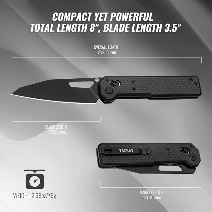 Tarcus Folding Pocket Knife, 3.5" D2 Steel DLC Blade Carbon Fiber Overlay Handle, Lightweight EDC Knife with Crossbar Lock for Men and Women, Ideal for Camping, Hiking, and Survival