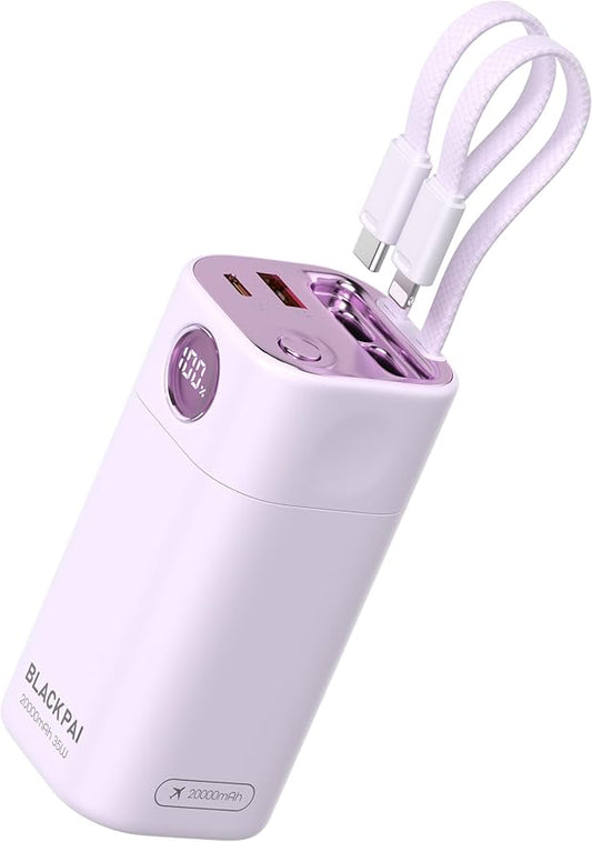 Portable Power Bank, 20,000mAh PD 35W Portable Charger Super Fast Charging with 2 Built-in Cables, USB-C Digital Display Battery Pack for iPhone Air 17/16/15/14/13, MacBook, S24/S25 Ultra