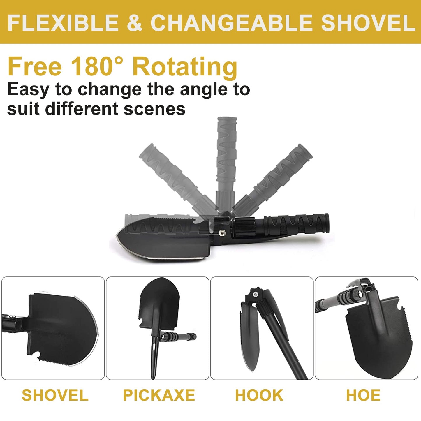 Yeacool Camping Shovel, (24.21'') Survival Off Road E Tool Folding Shovel with Pickaxe, Portable