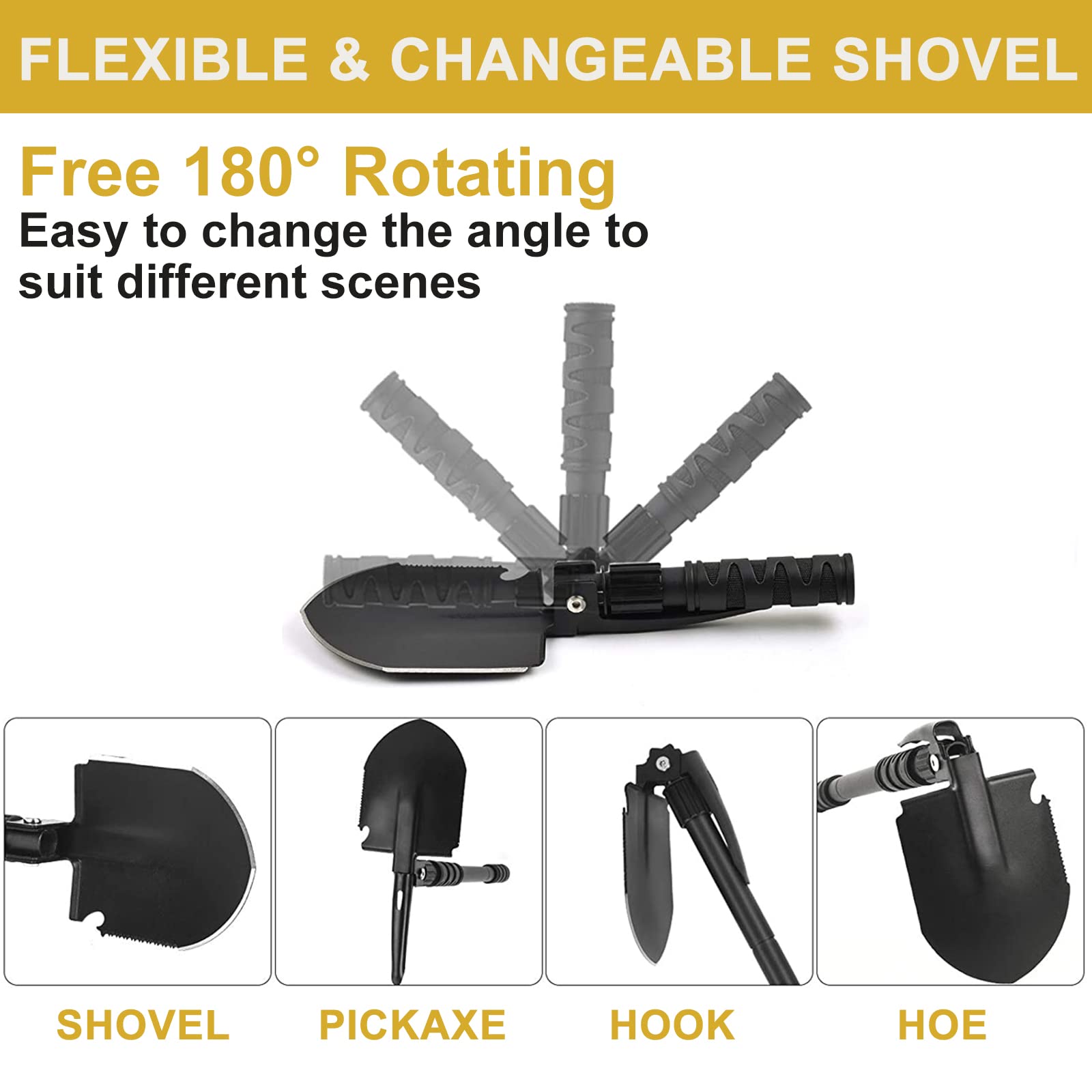 Yeacool Camping Shovel, (24.21'') Survival Off Road E Tool Folding Shovel with Pickaxe, Portable