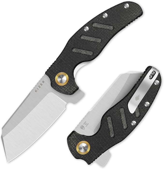 Kizer C01C XL Sheepdog Pocket Knife, 3.9" 14C28N Sheepsfoot Blade EDC Folding Knife with Black Burlap Norplex UltreX??Micarta Handle, Liner Lock, Flipper, Camping Knives for Men Women, V5488M2