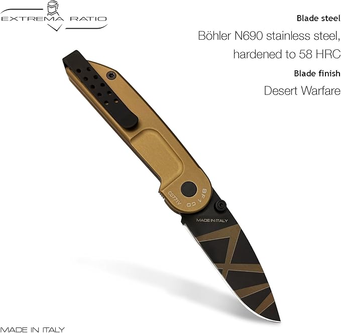 Extrema Ratio - BF1 CD (DESERT), Folding Knife, Böhler N690 steel hardened to 58 HRC, desert-colored stone burnished blade, smooth aluminum handle, reversible stainless steel clip, slim and compact design