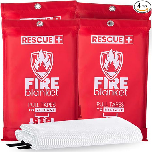 Rescue+ Emergency Fire Blanket for Home, Kitchen, Workplace & Travel, 40??x 40??Fiberglass Flame Retardant Safety Blanket, Fire Suppression for House, Camping, Car Emergencies - Pack of 4