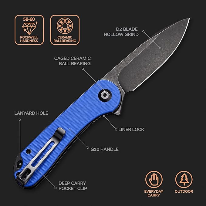 CIVIVI Folding Pocket Knife, 2.96" D2 Blade G10 Handle, Elementum Liner Lock Flipper Knife with Deep Carry Pocket Clip for EDC C907X (Blue)