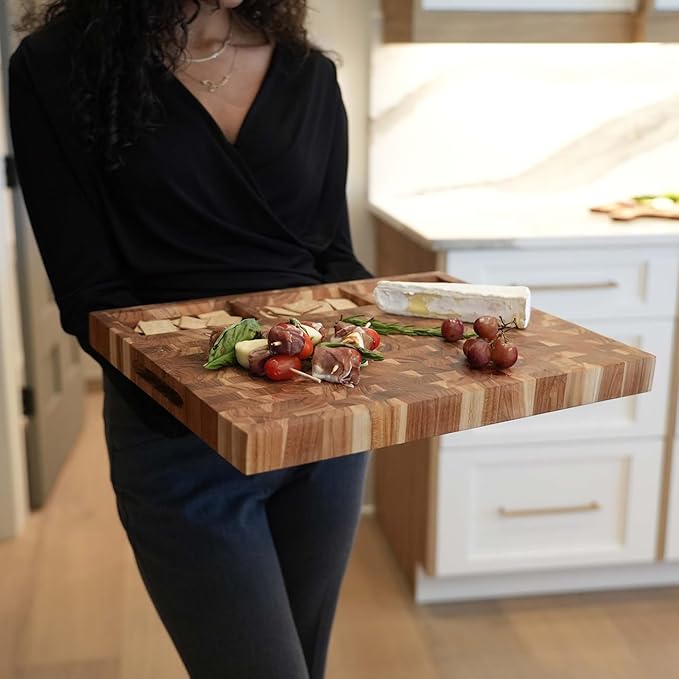 EcoDecors FSC Certified Solid Teak Cutting Board 20x15, Reversible End Grain Wood Board with 3 Charcuterie Trays for Kitchen, Cheese, Meat & Serving