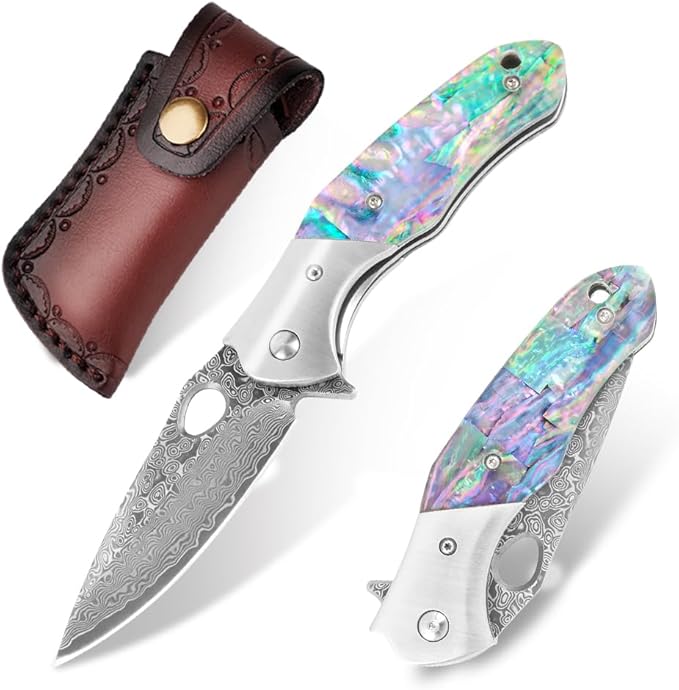 Cottonbell Damascus Pocket Knife Unique Rainbow Abalone Shell Handle Damascus Folding Knife, with Sharp VG10 Core Damascus Steel Knife for Outdoor Camping Fishing Hiking Hunting Gift