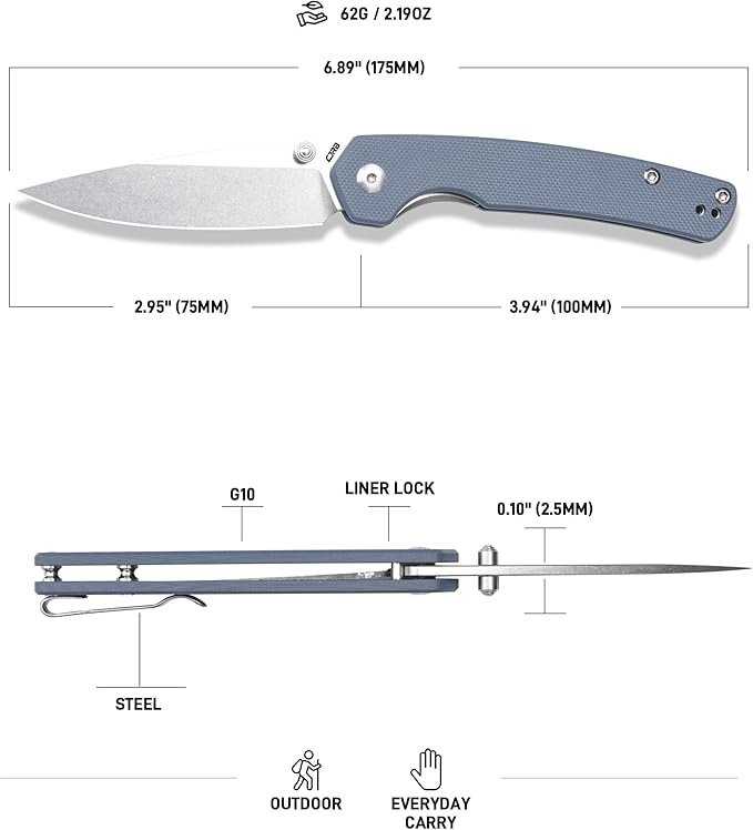 CJRB Kain Pocket Knife for Men, 2.95'' AR-RPM9 Steel Blade G10 Handle Folding Knife with Pocket Clip for Camping Hiking Survival, Designed by Sanford Owen(J1956)