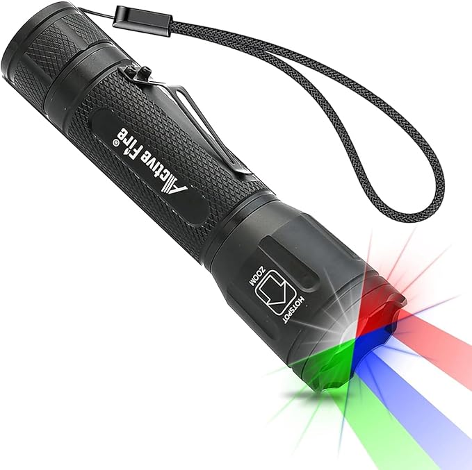 4 in 1 Multicolor Tactical Flashlight, Can Zoom White Blue Green Red Light, RGB Waterproof Handheld Torch with Clip, Suitable for Night Hunting Light, Fishing, Camping Hiking