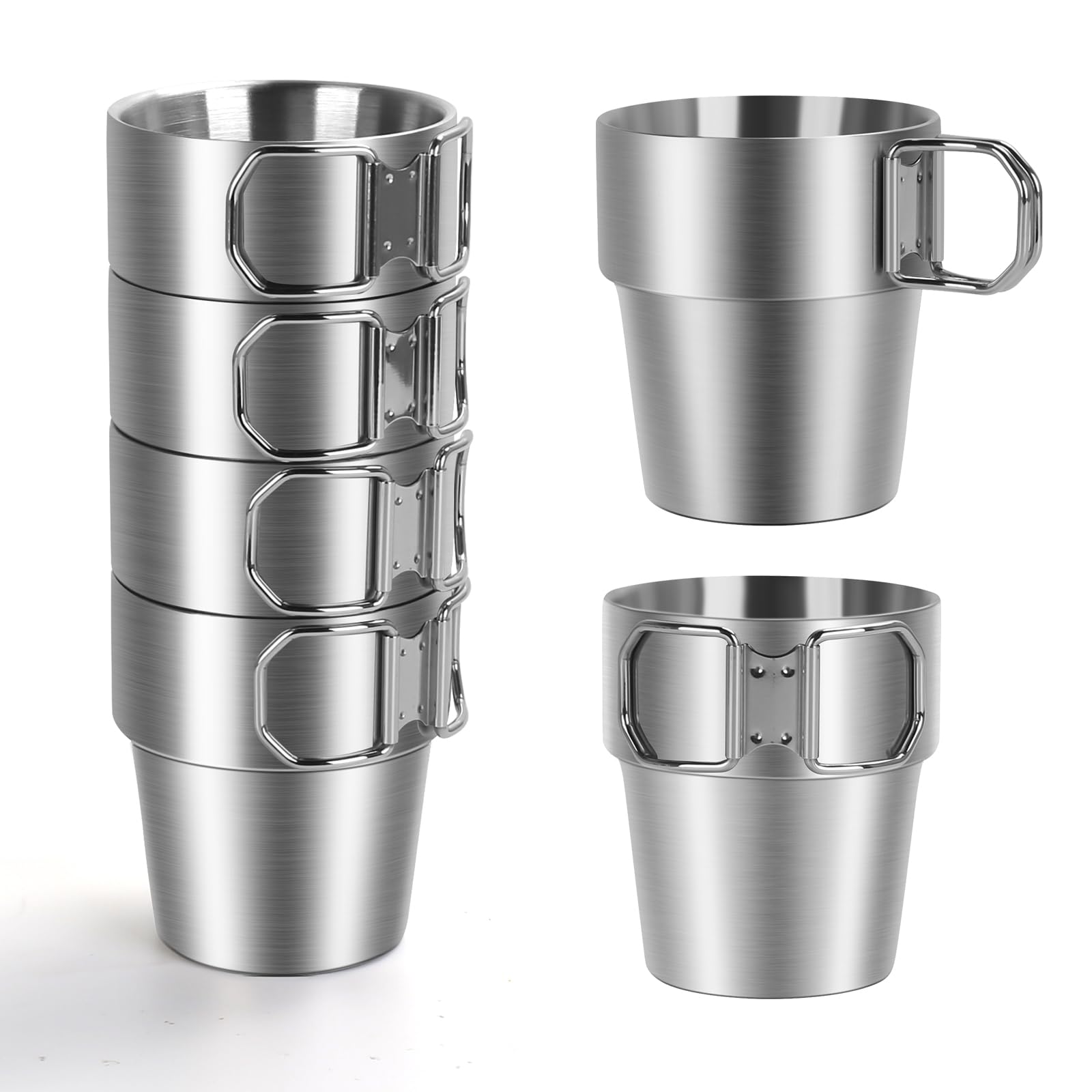 Ftabernam 4-Pack Stainless Steel Camping Cups with Foldable Handle, 10 oz Camping Coffee Mugs with