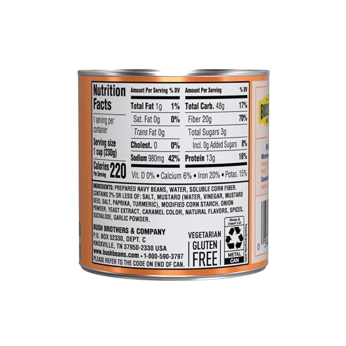 BUSH'S BEST 8.1 oz Canned Zero Sugar Added Baked Beans, Source of Plant Based Protein and Fiber, Low Fat, Gluten Free, (Pack of 12)