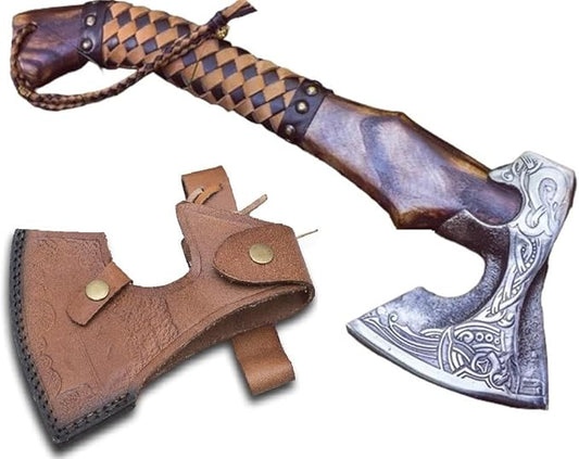 Forest Hunting | Custom Handmade Viking Medieval Axe,Real Battle ax,Camping Axes Tomahawk,Bearded War Hatchet,Valhalla Axe with Leather Sheath Wood Handle Gifts for Men self Defence (Leather Wrap)