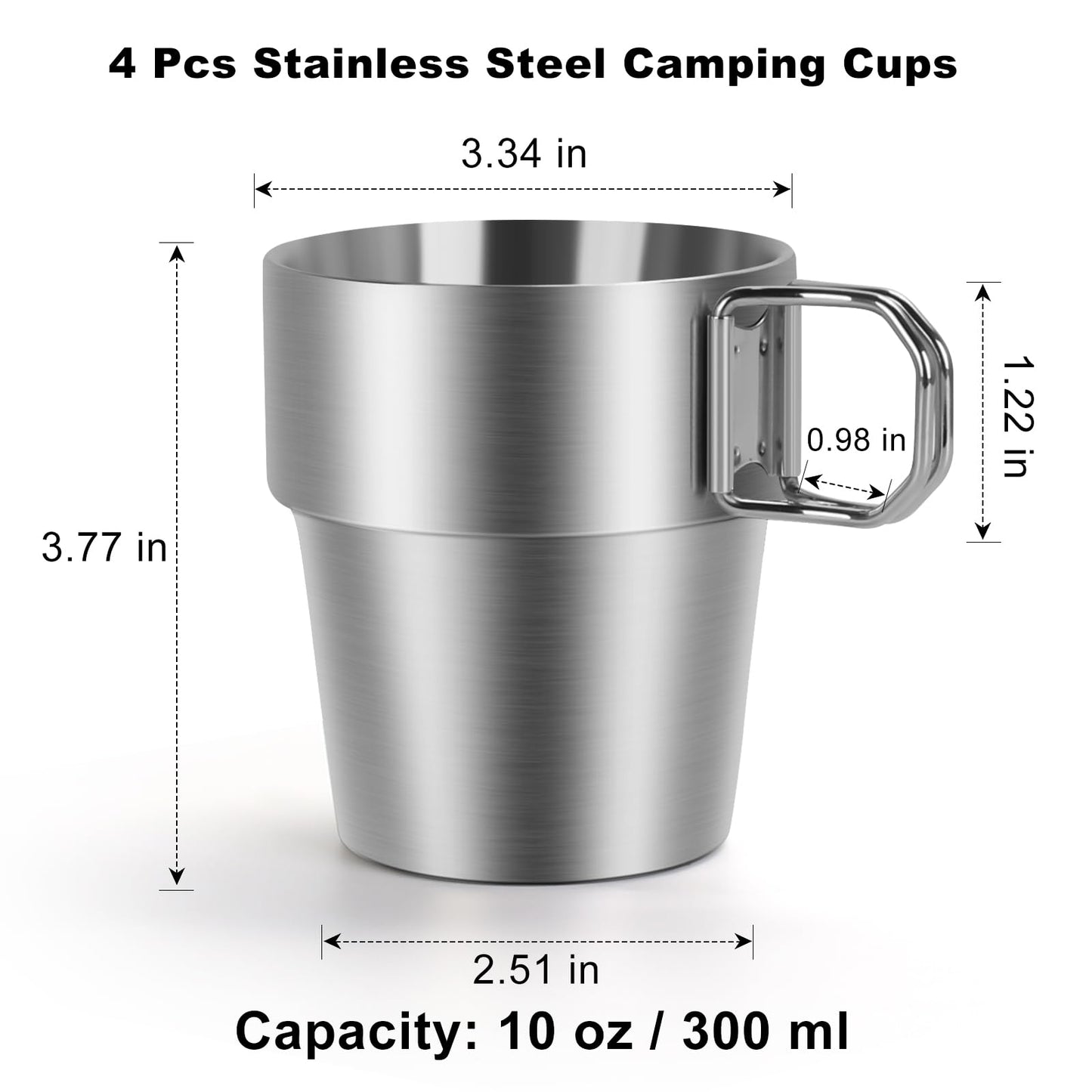 Ftabernam 4-Pack Stainless Steel Camping Cups with Foldable Handle, 10 oz Camping Coffee Mugs with