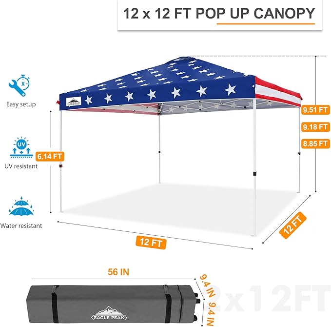 EAGLE PEAK Pop Up Canopy Tent with Wheeled Carry Bag, 8 Stakes, 4 Ropes, 4 Weight Bags, Easy Set Up Tent Canopy, 12x12 ft, 144sqft of Shade, American Flag