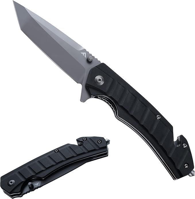 FLISSA Folding Pocket Knife, Tactical Knife with Liner Lock, Tanto Blade, Pocket Clip, Glass Breaker, Seatbelt Cutter, Perfect for Hunting, Camping, Survival