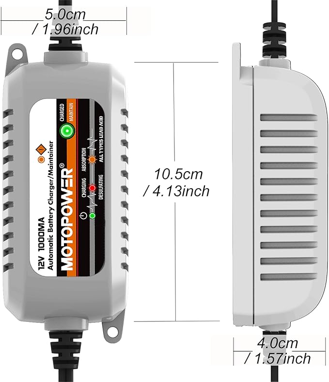 MOTOPOWER MP00205B 12V 1000mA Automatic Battery Charger, Battery Maintainer, Trickle Charger, and Battery Desulfator with Timer Protection - Grey