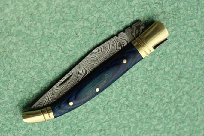 Laguiole Folding Damascus steel knife, 8.6" Long with 4" hand forged custom twist pattern Blade. Blue colored wood with brass bolster, Cow hide leather sheath included