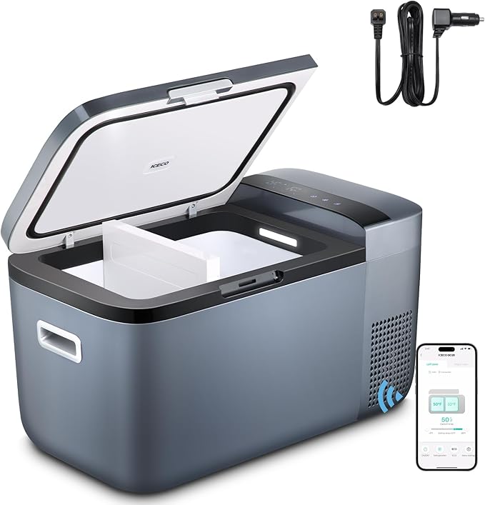 ICECO GO20 Dual Zone 12V Refrigerator, 21Qt/20L Portable Refrigerator powered by SECOP, APP Control 0℉-50℉ 12/24VDC&110-240VAC, Mini Cooler Compact Freezer for Home&Outdoor |Grey with Upgrade DC Cord