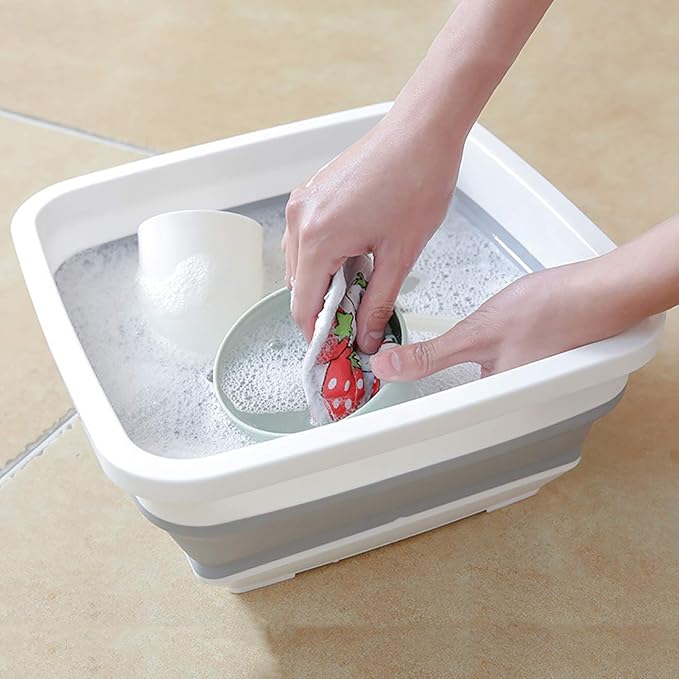 Ahyuan Collapsible Dish Pan Chopping Board Combo 10L Portable Washing Basin Dish Pan Foldable Dish Tub Over The Sink Dishpan Camper Accessories for Travel Trailers (with Square)