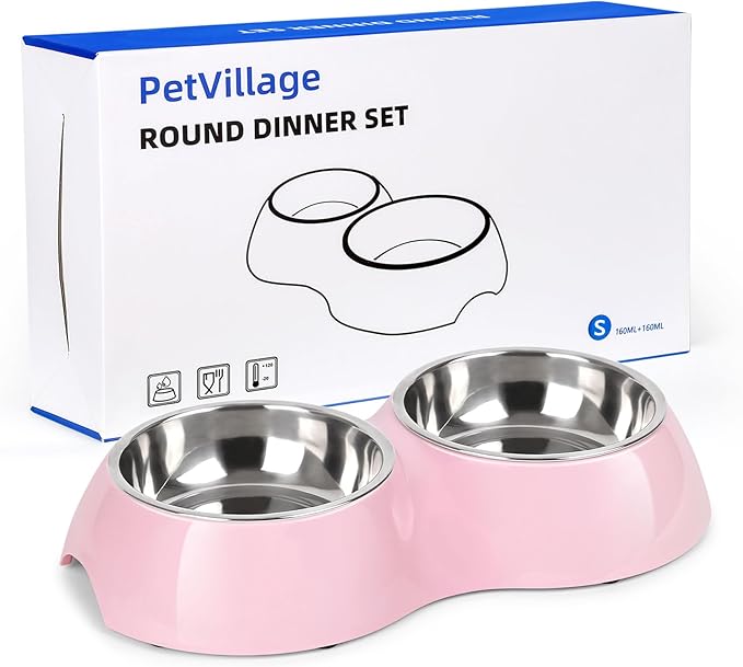 Stainless Steel Dog Bowls Set ??Dual Non-Slip Pet Dishes with 2 Small (4oz*2) Bowls & Durable Resin Stand,Food & Water Feeder for Puppies and Kittens??Pink