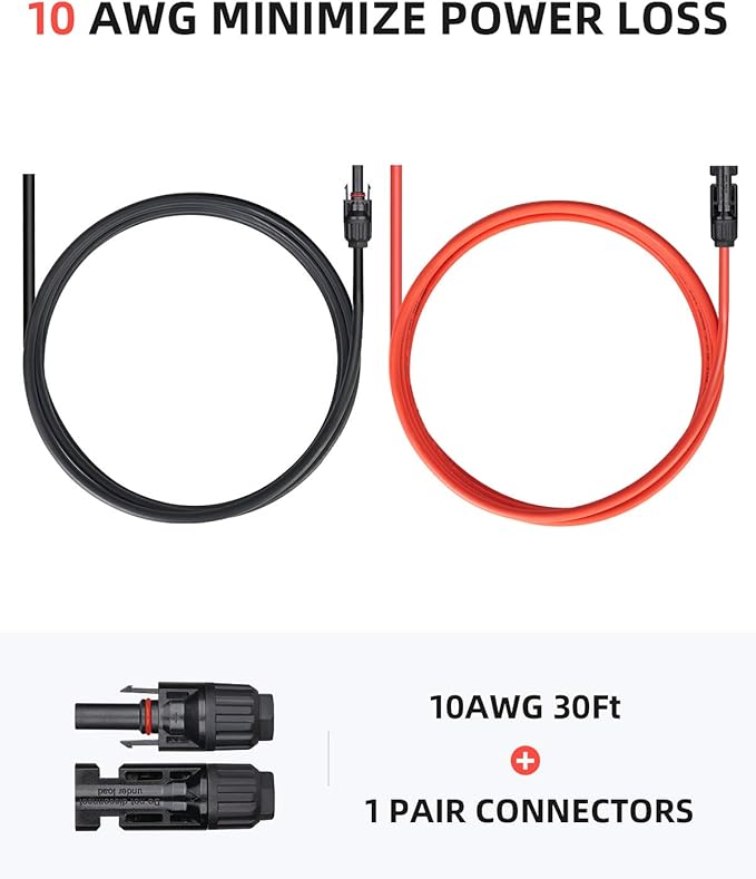 BougeRV 30 Feet 10AWG Solar Extension Cable with Female and Male Connector with Extra Pair of Connectors Solar Panel Adaptor Kit Tool (30FT Red + 30FT Black)