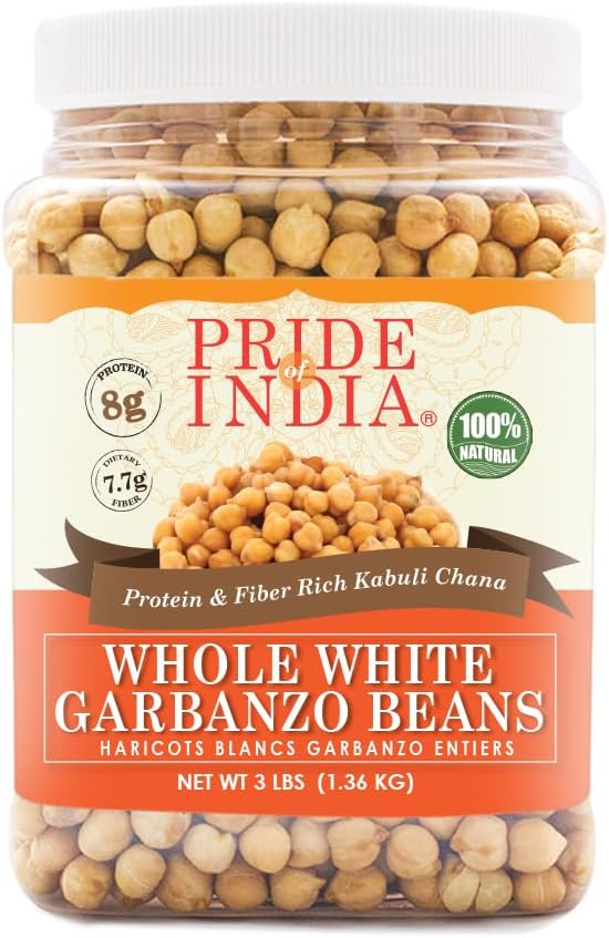 Pride Of India | Indian Whole White Garbanzo Beans 3 Pound (1.3 kg) Jar | Protein & Fiber Rich Kabuli Chana | Prepare Hummus, Snacks, Wraps, Salad, Soup & Curry | All Natural, Vegan, Gluten Free, Non-Bioengineered