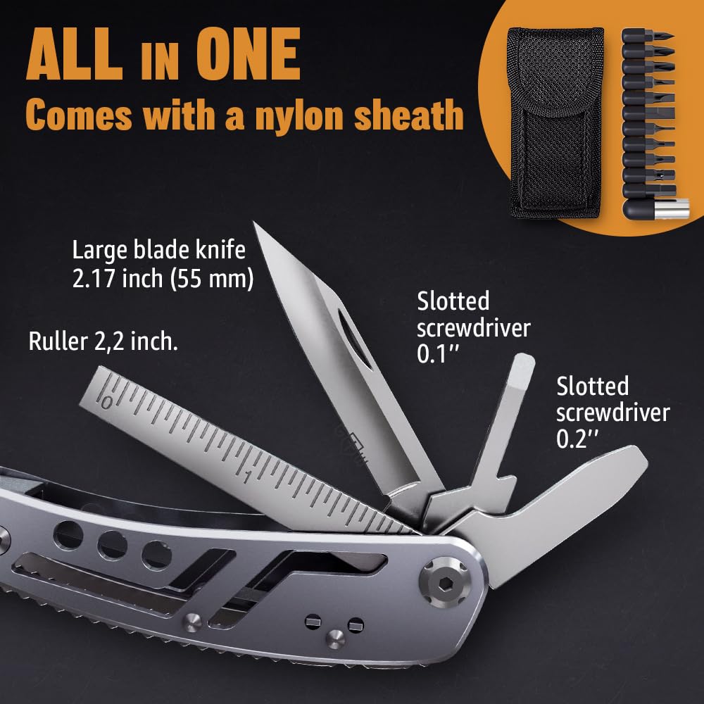 24-in-1 Multitool with Knife, Pliers & 11 Bits Sharp Stainless Steel - Multi Tool for Men - Ideal