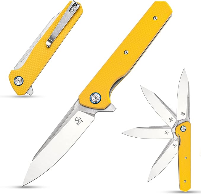 Sitivien ST135 Folding Knife,D2 Steel Blade G10 Handle Outdoor EDC Knife for Hunting Fishing Camping(Yellow)