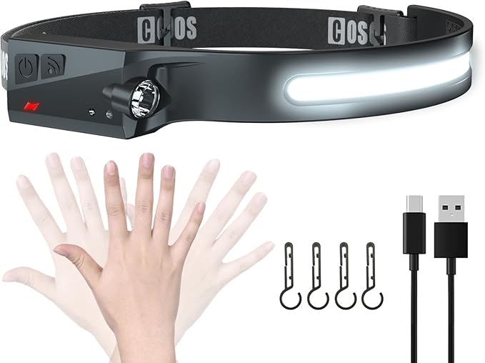 COSOOS Rechargeable Headlamp Flashlight, Bright LED Head Lamp, 1000Lumen Floodlight & Spot Light, Motion Sensor, 2.4oz Lightweight Headband Headlight for Hard Hat, Outdoor Hiking Camping Accessory