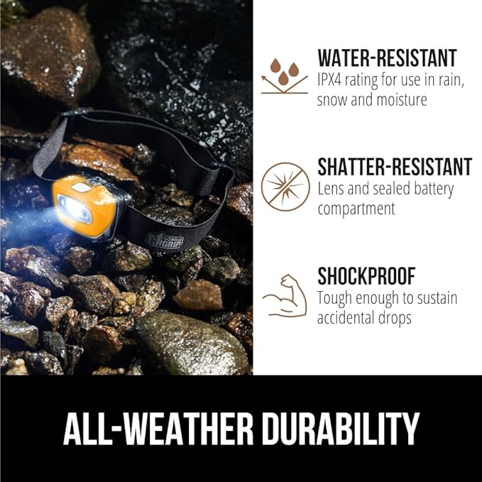GORILLA GRIP Ultra Bright High Lumens LED Head Lamp, 7 Light Modes Water Resistant IPX4 Headlamp, Adjustable Headband, Battery Powered Outdoor Running, Camping Forehead Flashlight Lamps, 1 Pack Orange