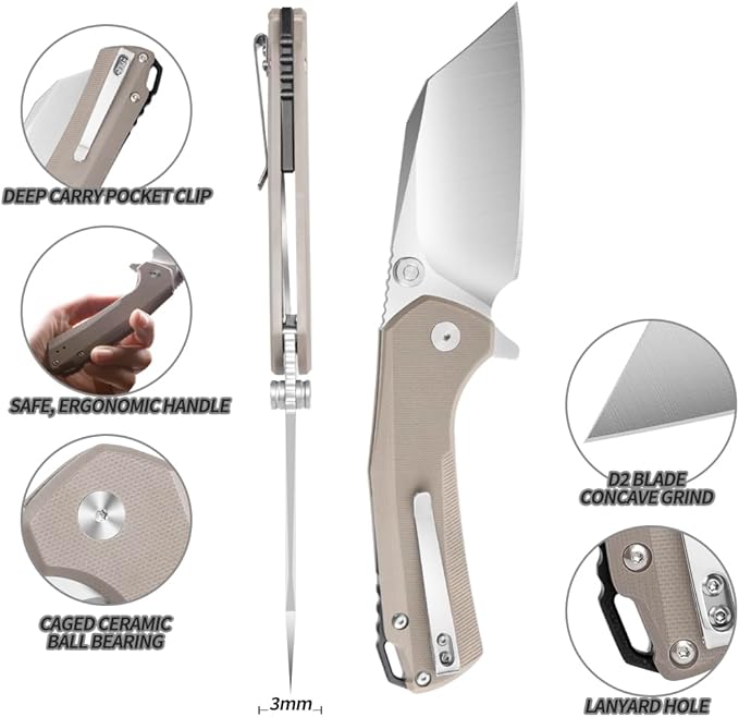 ioko Folding Pocket Knife, 3.5-Inch D2 Steel Blade, G10 Handle, EDC Camping Survival Knife with Clip (Brown)