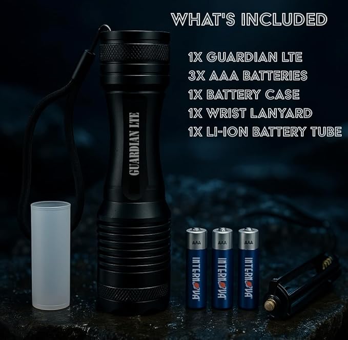 Guardian LTE Tactical Flashlight, 500 Lumens, Zoom?‘Focus, Water?‘Resistant IPX5, 5 Modes (High/Med/Low/Strobe/SOS), Dual?‘Power: 3×AAA (Included) or Rechargeable, Type III Aluminum, 5.5" Compact