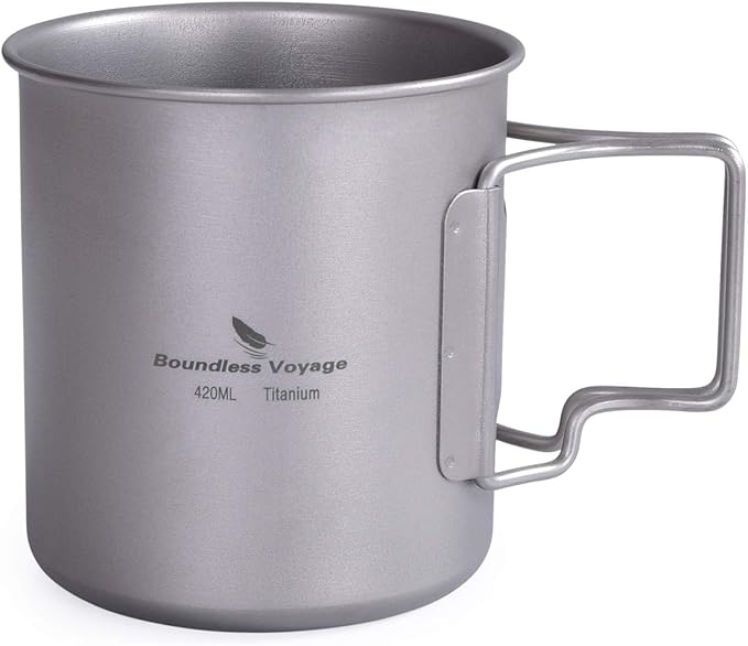 Titanium Coffee Mug Titanium Pots Titanium Cup with Foldable Handle Outdoor Camping Water Mug Tableware 14.3oz/420ml Ti1518B