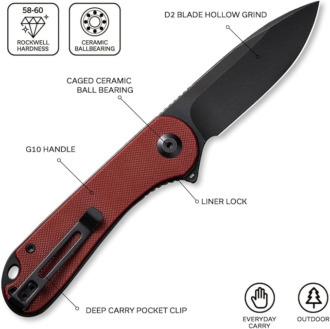 CIVIVI Elementum Pocket Folding Knife,Black Stonewashed D2 Blade Burgundy G10 Handle, Good for EDC Outdoor C907A-1