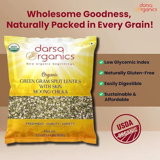 Darsa Organics Mung Split Lentils with Skin, Moong Dal with Skin 2 lb - USDA Organic Green Lentils, Non-GMO, Kosher, Chemical-Free, Protein Rich Organic Split Green Gram, Gluten-Free, Vegan